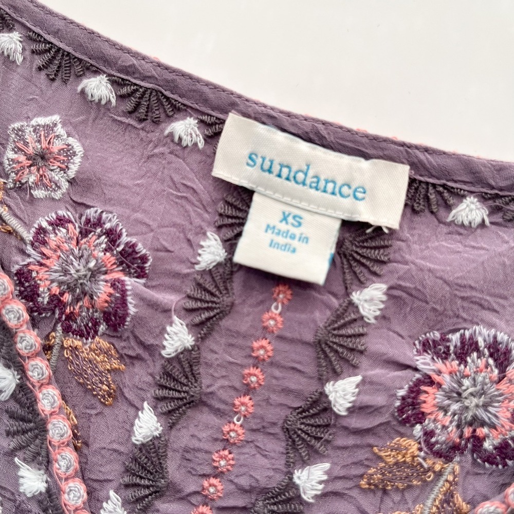 Sundance Ayla Purple Floral Embroidered V Neck Crinkle Shift Dress Womens XS - Picture 12 of 13